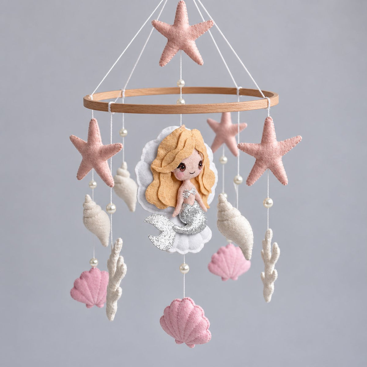Felt Baby Mobile Mermaid Theme, Ocean Crib Mobile for Nursery, Handmade Seashell Starfish Hanging Decor, Baby Girl Room Gift BBMB30