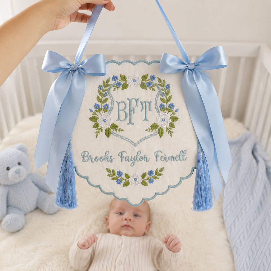Personalized Embroidered Floral Baby Crib Banner, Custom Baby Name Nursery Banner with Birth Stats Tag, Newborn Hospital Announcement, Baby Shower Gift BBFLAG12