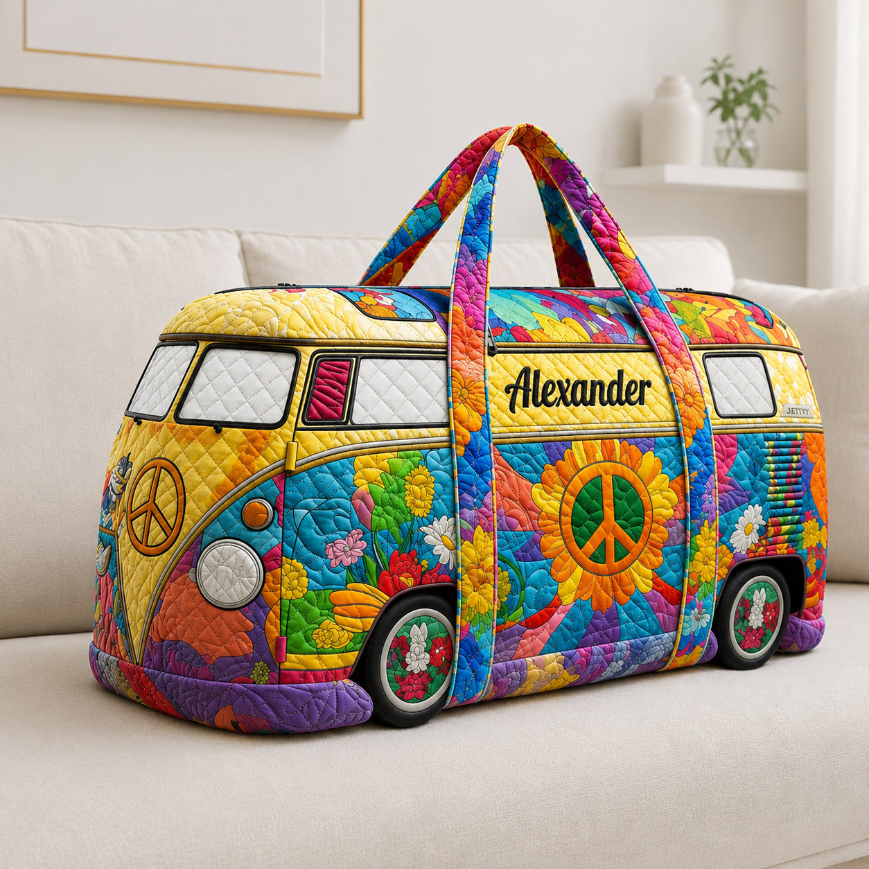 Hippie Van Quilted Duffle Bag, Quilted Camper Van Weekender Bag, Custom Camper Van Travel Bag, Family Trip Bag QTTVB11