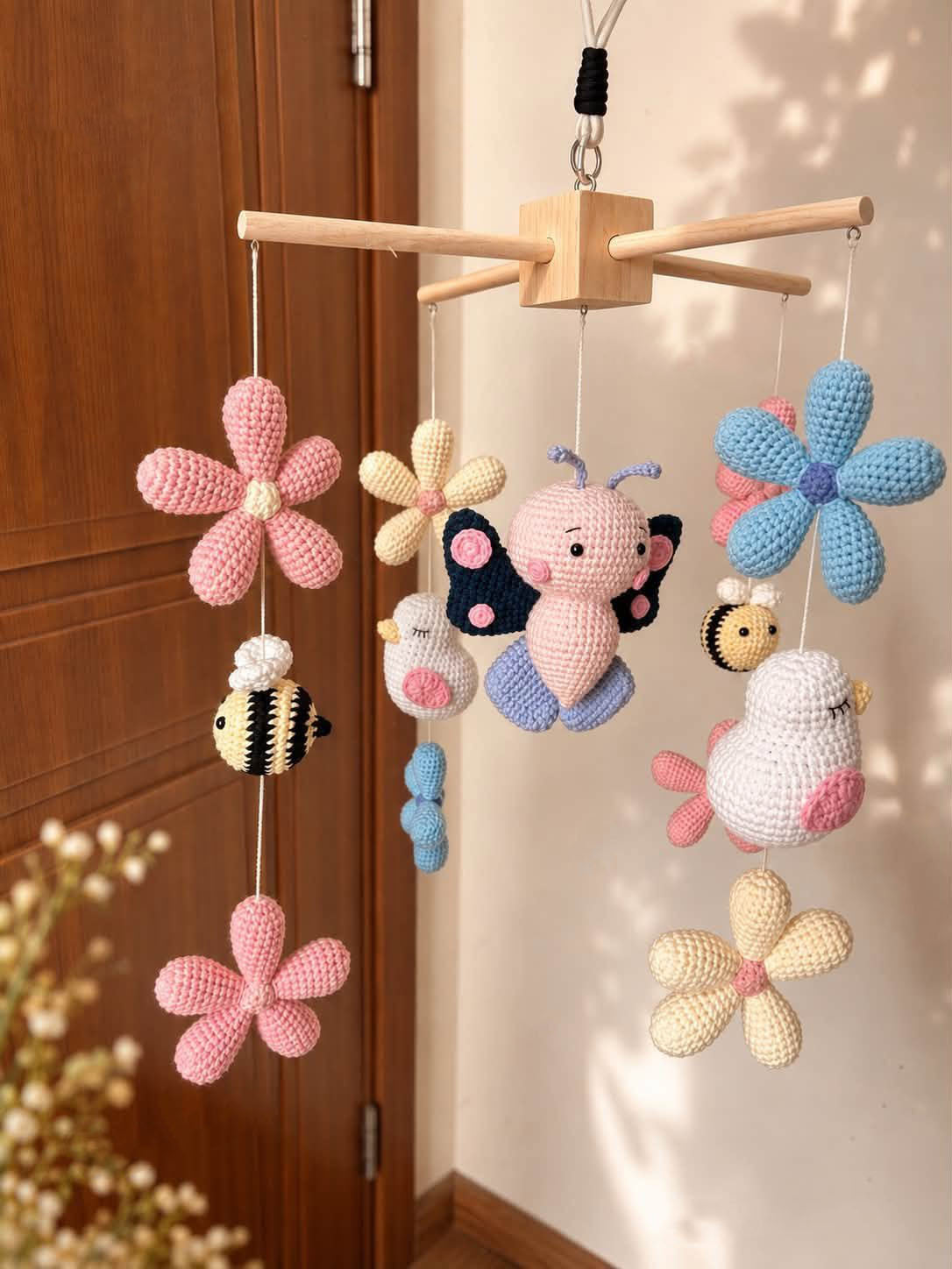 Butterfly Bee Flower Baby Crib Mobile, Handmade Crochet Garden Mobile, Floral Nursery Decor, Bird and Bee Baby Mobile, Baby Girl Gift CrochetBBM11