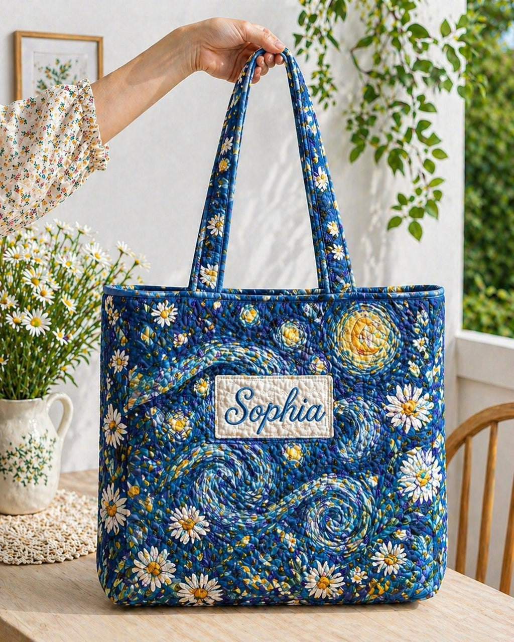 Starry Night Quilted Tote Bag, Starry Night Tote Bag, Quilted Shoulder Bag, Quilted Book Bag, Fabric Bag QTOTE73