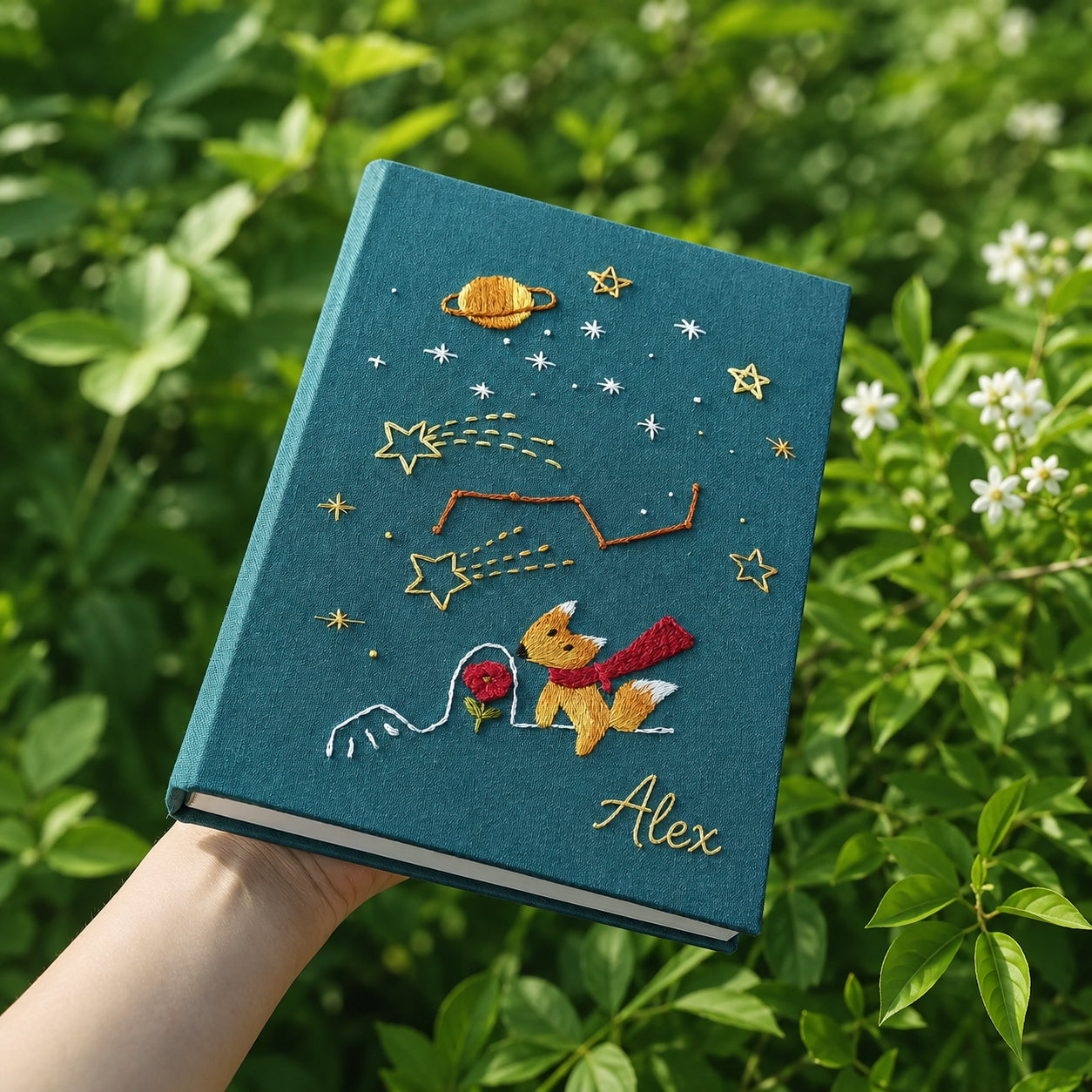 Hand Embroidered Fox Journal Notebook, Custom Journal Notebook, Personalized Galaxy Notebook With Name, Linen Fabric Hard Cover Notebook, Special Custom Handmade Gift and Keepsakes ENB08