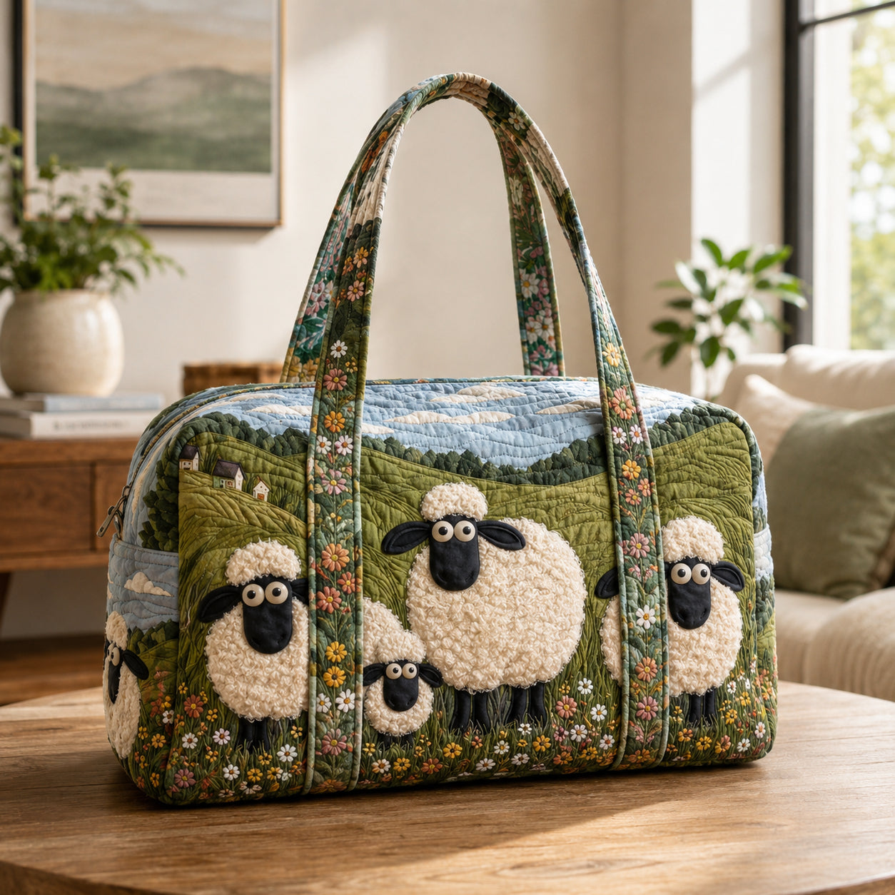 Cute Sheep Family Quilted Duffle Bag, Sheep Pattern Duffle Bag, Overnight Bag, Quilted Travel Bag, Quilted Weekend Bag, Custom Bag Gift DFB11