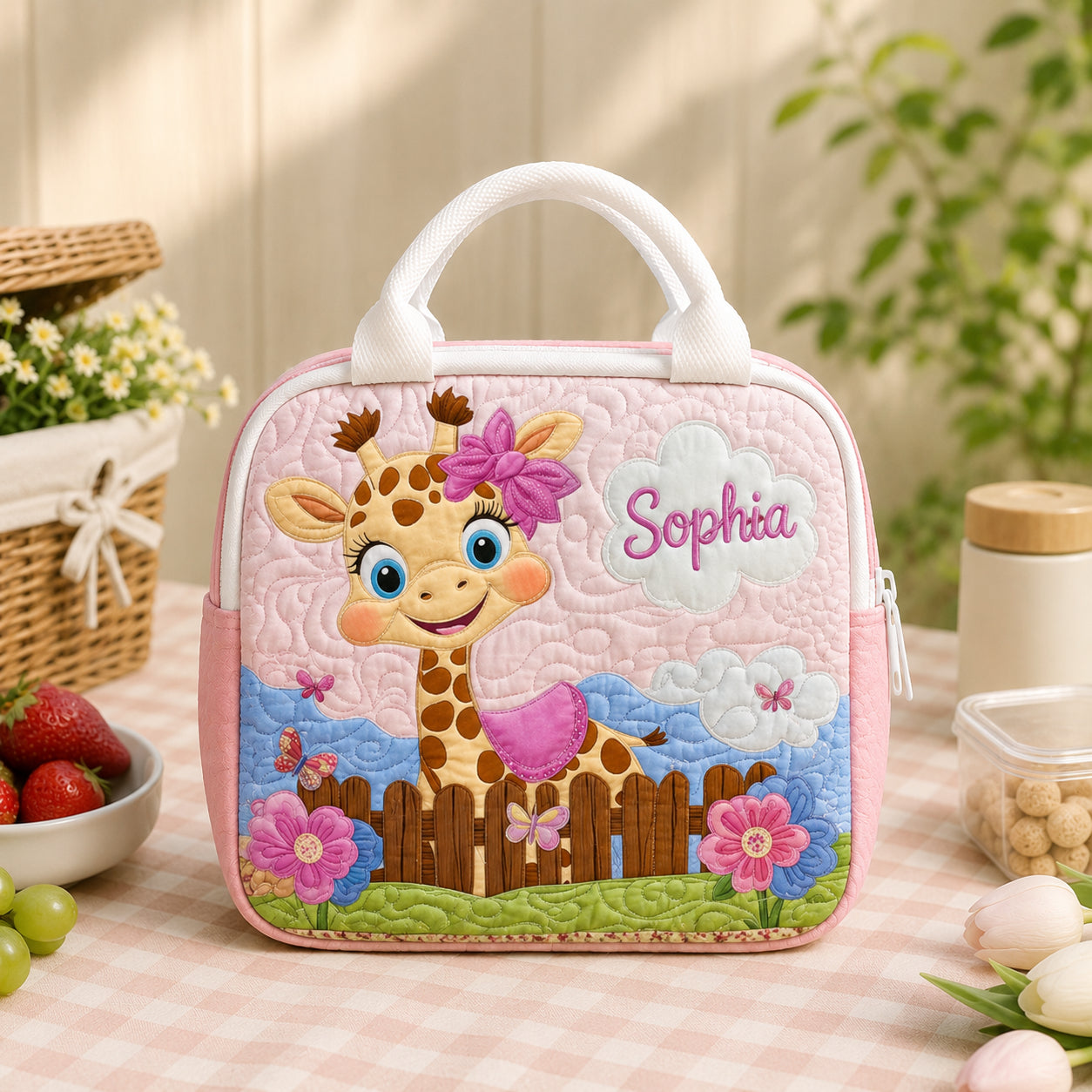 Giraffe Quilted Lunch Bag, Insulated Quilted Lunch Tote, Safari Animals Lunch Bag, Custom Kid Lunch Bag, Back To School Bag, Picnic Bag, Reusable Lunch Tote QLB13