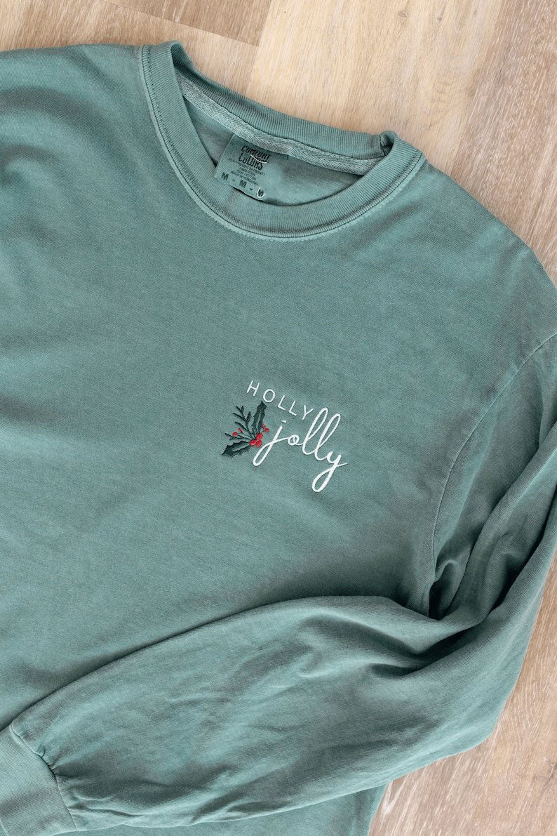 Holly Jolly Embroidered Christmas Shirt, Winter Sweatshirt, Minimalistic Shirt, Christmas Secret Santa Gift XMASS09