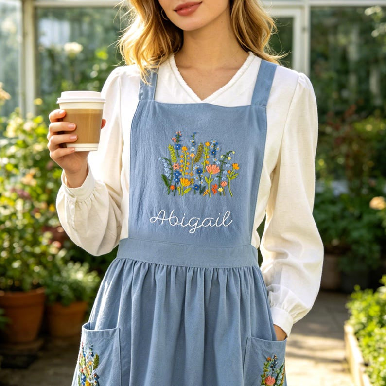 Personalized Flower Hand Embroidered Apron, Handmade Flowers Apron, Embroidered Apron, Linen Apron, Gardening Apron, Kitchen Apron, Mom Gift EMAP14