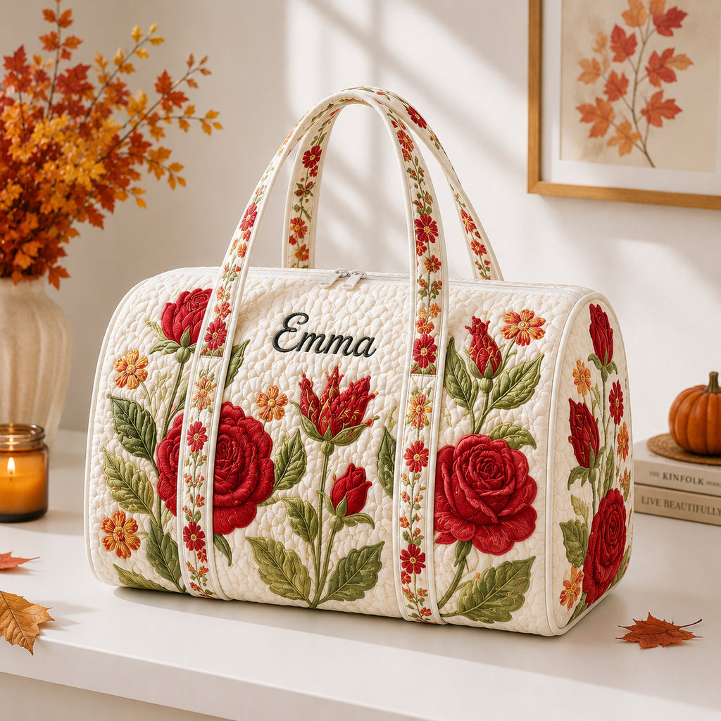 Rose Pattern Quilted Duffle Bag, Flower Pattern Travel Bag with Name, Quilted Weekender Bag, Travel Duffle Bag DFB35