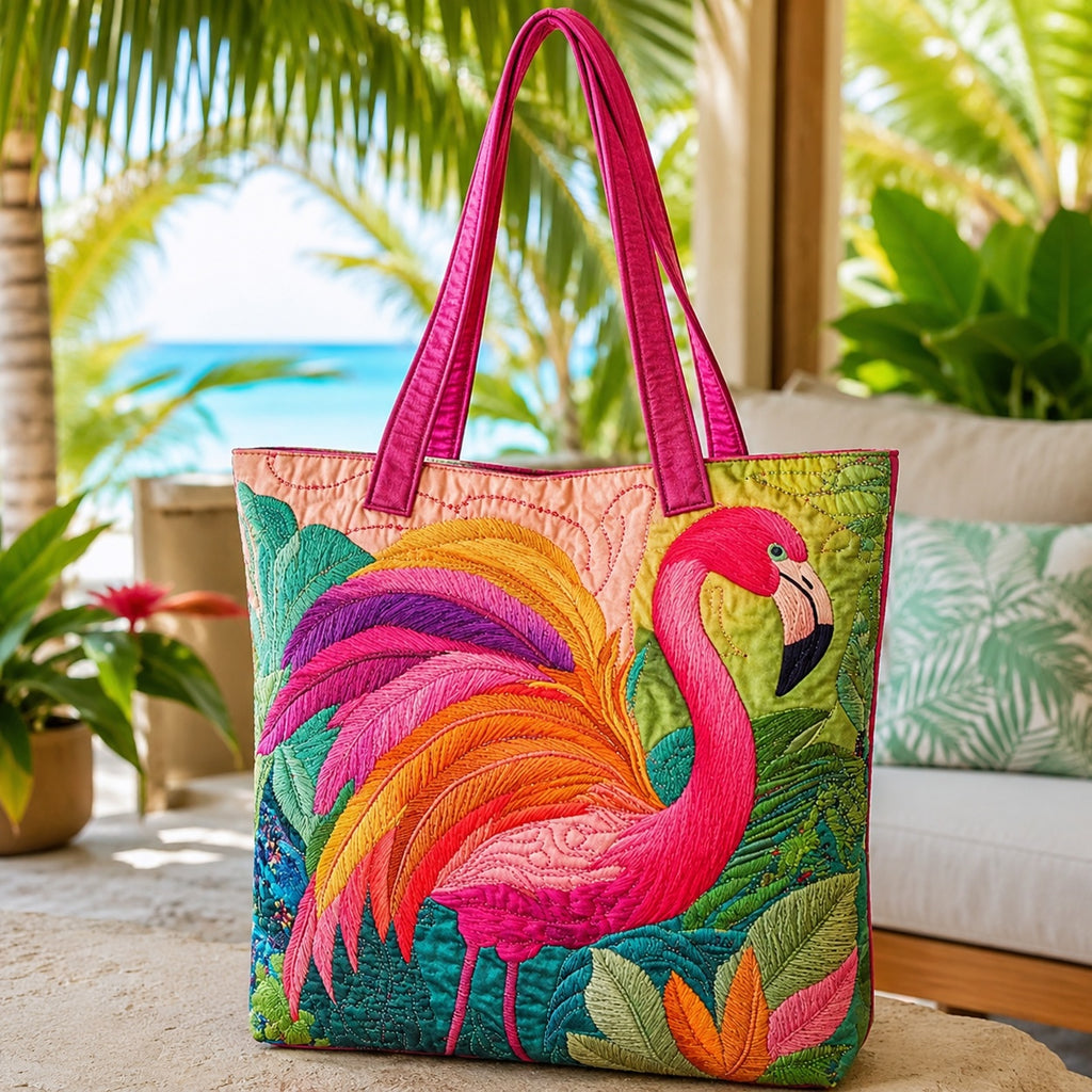 Flamingo Pattern Quilted Tote Bag, Flamingo Shoulder Bag, Summer Flamingo Pattern Art Tote, Fabric Tote Bag, Gift Bag QTOTE37