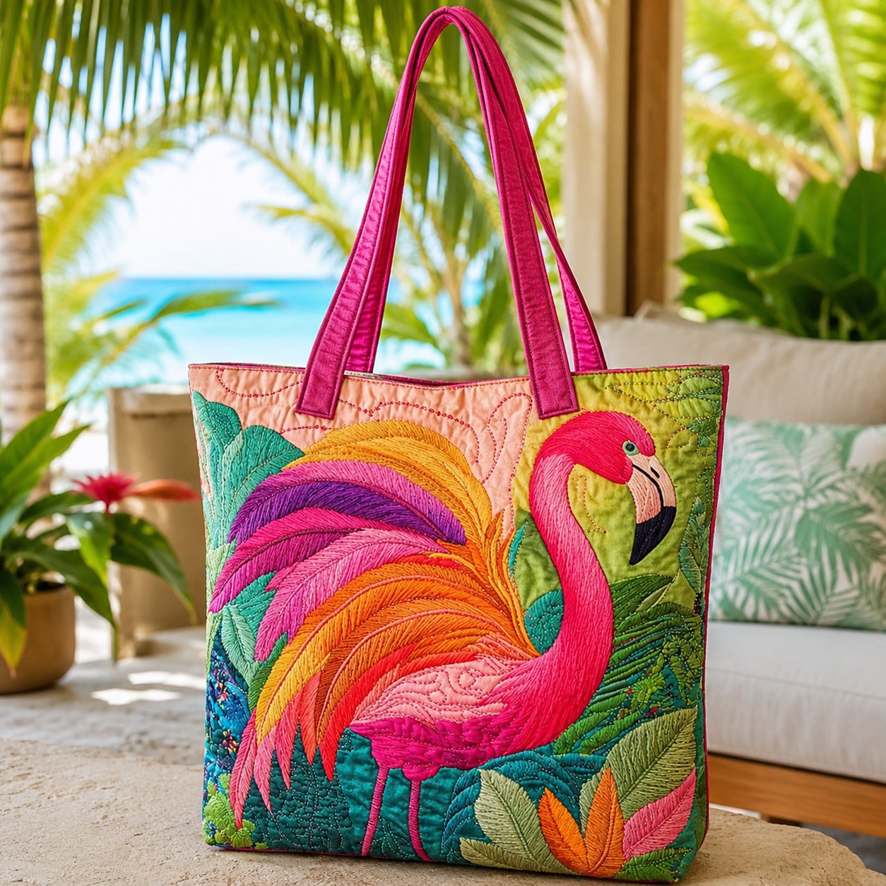 Flamingo Pattern Quilted Tote Bag, Flamingo Shoulder Bag, Summer Flamingo Pattern Art Tote, Fabric Tote Bag, Gift Bag QTOTE37