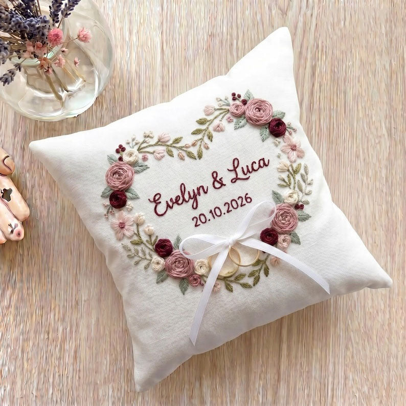 Personalized Embroidered Floral Wedding Ring Bearer Pillow, Custom Wedding Ring Pillow, Wedding Keepsake Gift WPILLOW12