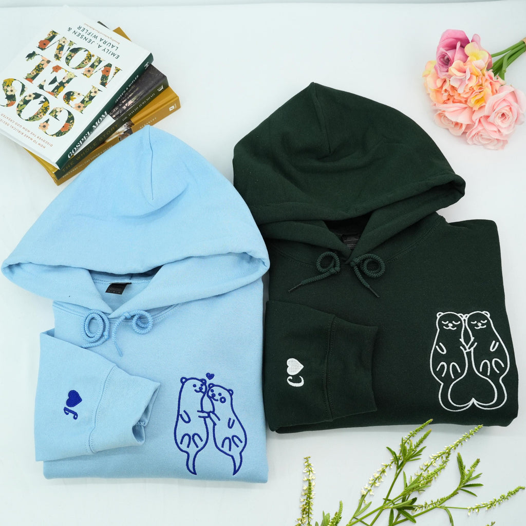 Embroidered Otter Couple Hoodie, Matching Hoodie Set for Him and Her, Cute Otter Sweatshirt, Anniversary Gift, Minimalist Style