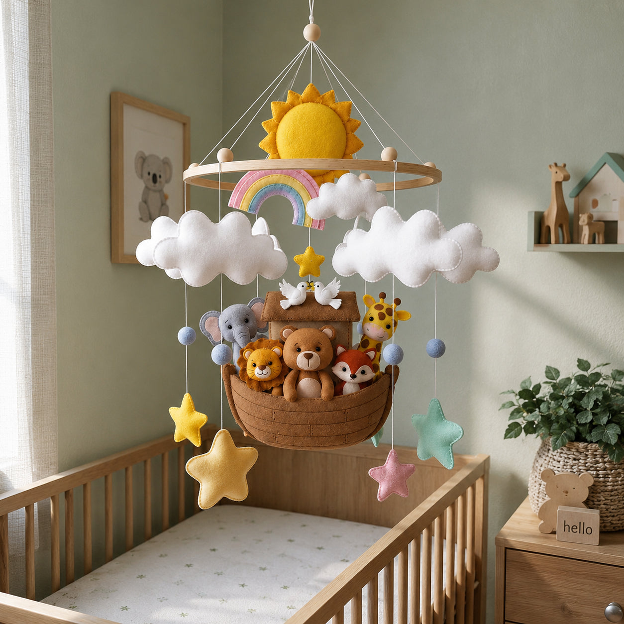 Personalized Noah’s Ark Felt Baby Mobile, Handmade Rainbow Nursery Crib Mobile, Safari Animals and Cloud Baby Room Decor BBMB13