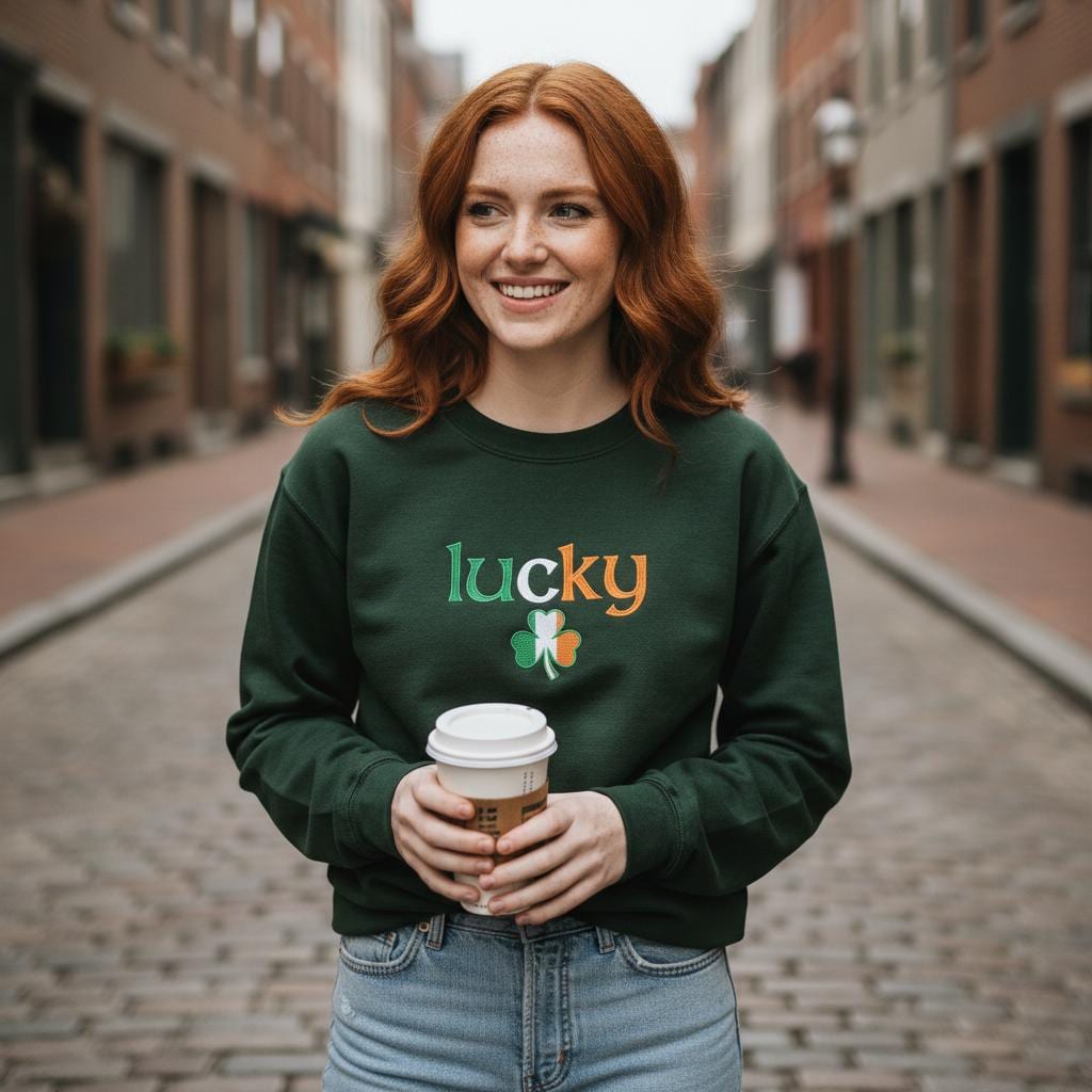 Embroidered Lucky Sweatshirt with Shamrock, St. Patrick’s Day Crewneck Gift, Cozy Green Irish Pullover