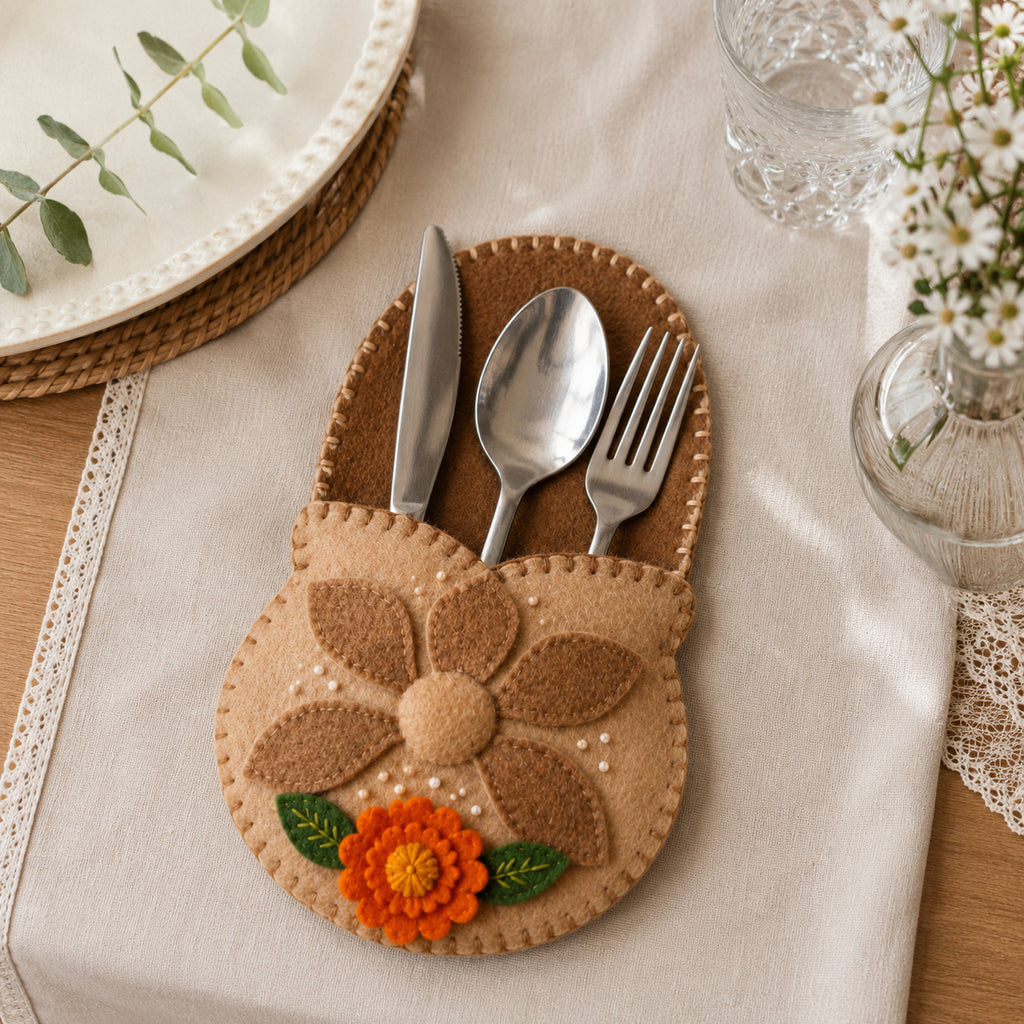 Sunflower Felt Silverware Holder, Rustic Fall Cutlery Pocket, Thanksgiving Table Decor, Autumn Place Setting, Farmhouse Dining Decor FELTCH13
