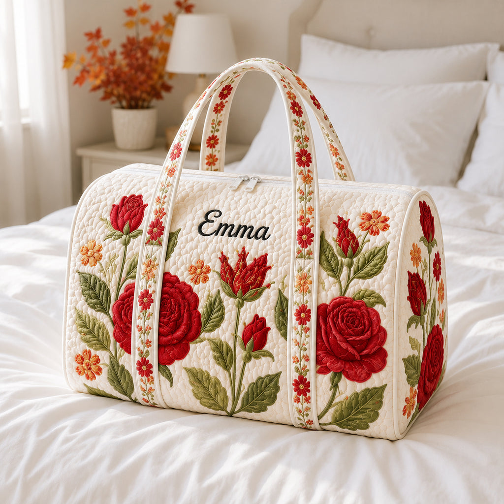 Rose Pattern Quilted Duffle Bag, Flower Pattern Travel Bag with Name, Quilted Weekender Bag, Travel Duffle Bag DFB35