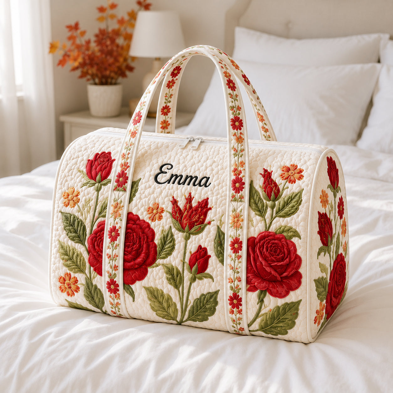Rose Pattern Quilted Duffle Bag, Flower Pattern Travel Bag with Name, Quilted Weekender Bag, Travel Duffle Bag DFB35