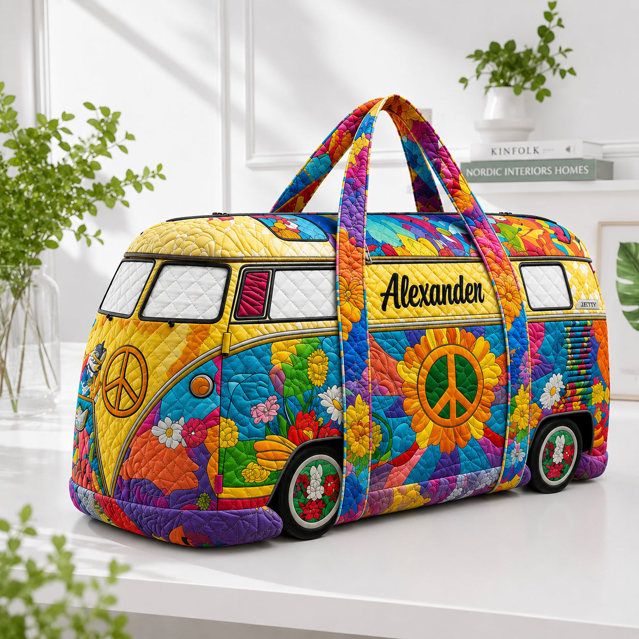 Hippie Van Quilted Duffle Bag, Quilted Camper Van Weekender Bag, Custom Camper Van Travel Bag, Family Trip Bag QTTVB11