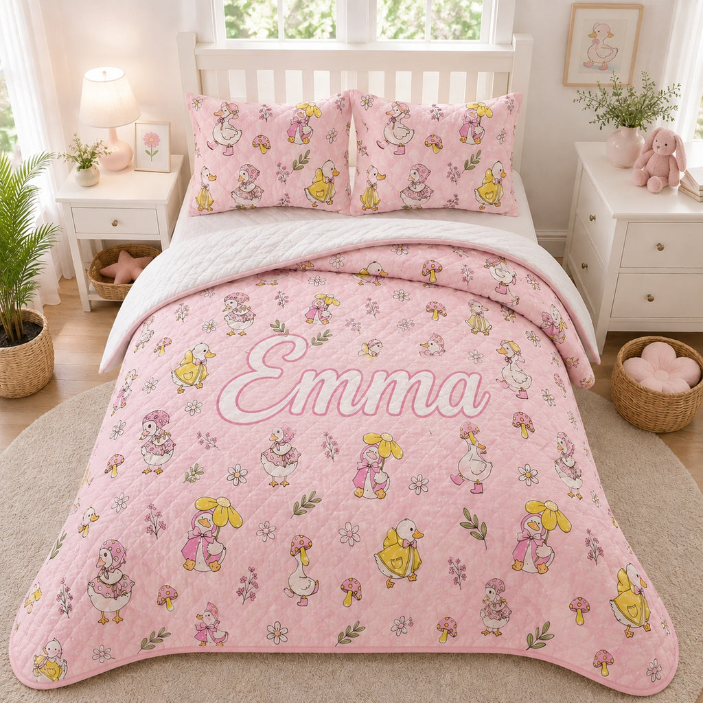 Pink Goose Quilted Bedding Set, Cute Goose & Floral Quilt Set with Pillow Covers, Girls Cottagecore Bedroom Decor QBEDSET11