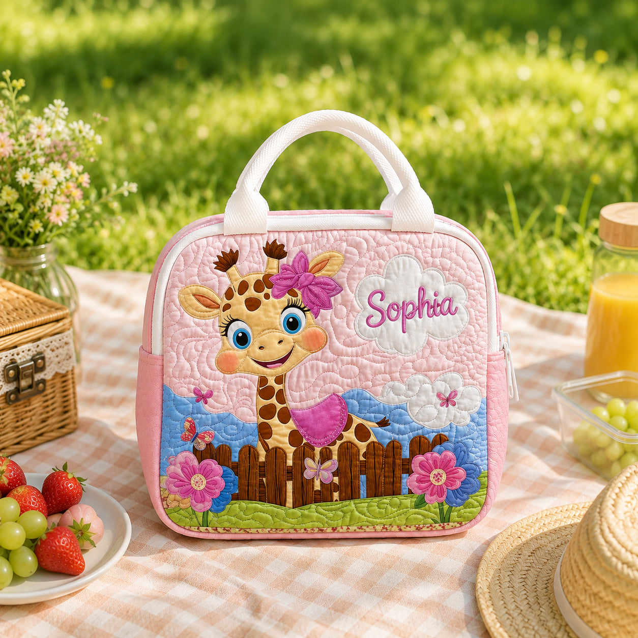 Giraffe Quilted Lunch Bag, Insulated Quilted Lunch Tote, Safari Animals Lunch Bag, Custom Kid Lunch Bag, Back To School Bag, Picnic Bag, Reusable Lunch Tote QLB13