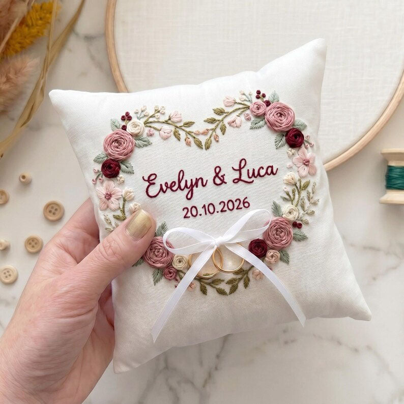 Personalized Embroidered Floral Wedding Ring Bearer Pillow, Custom Wedding Ring Pillow, Wedding Keepsake Gift WPILLOW12