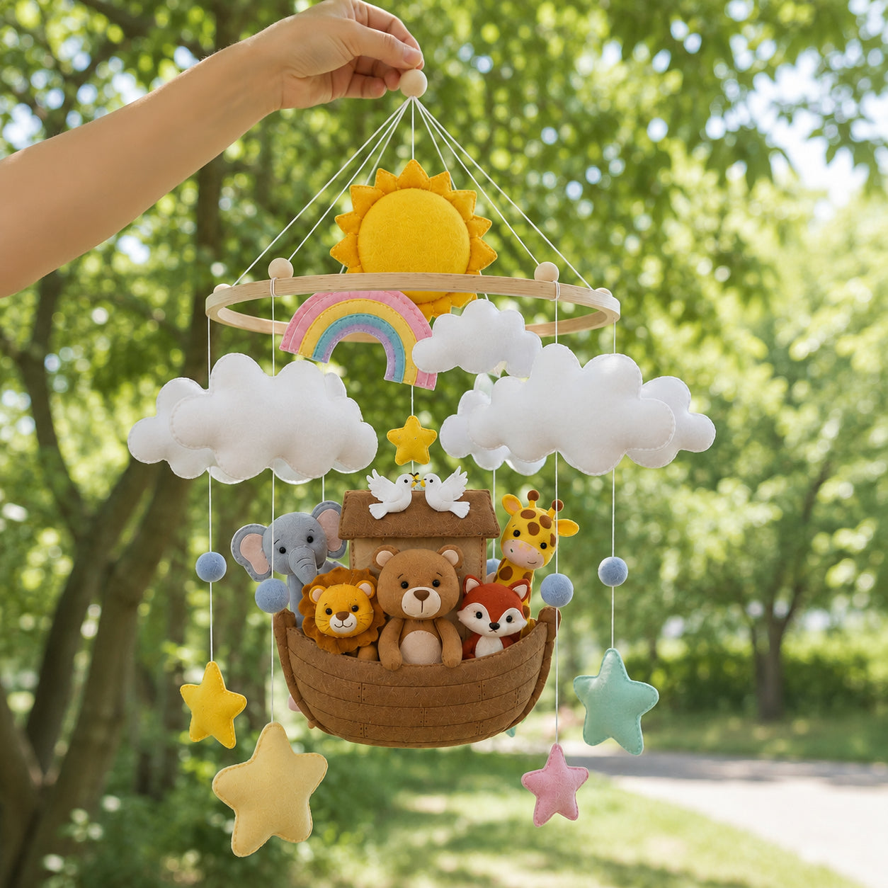 Personalized Noah’s Ark Felt Baby Mobile, Handmade Rainbow Nursery Crib Mobile, Safari Animals and Cloud Baby Room Decor BBMB13