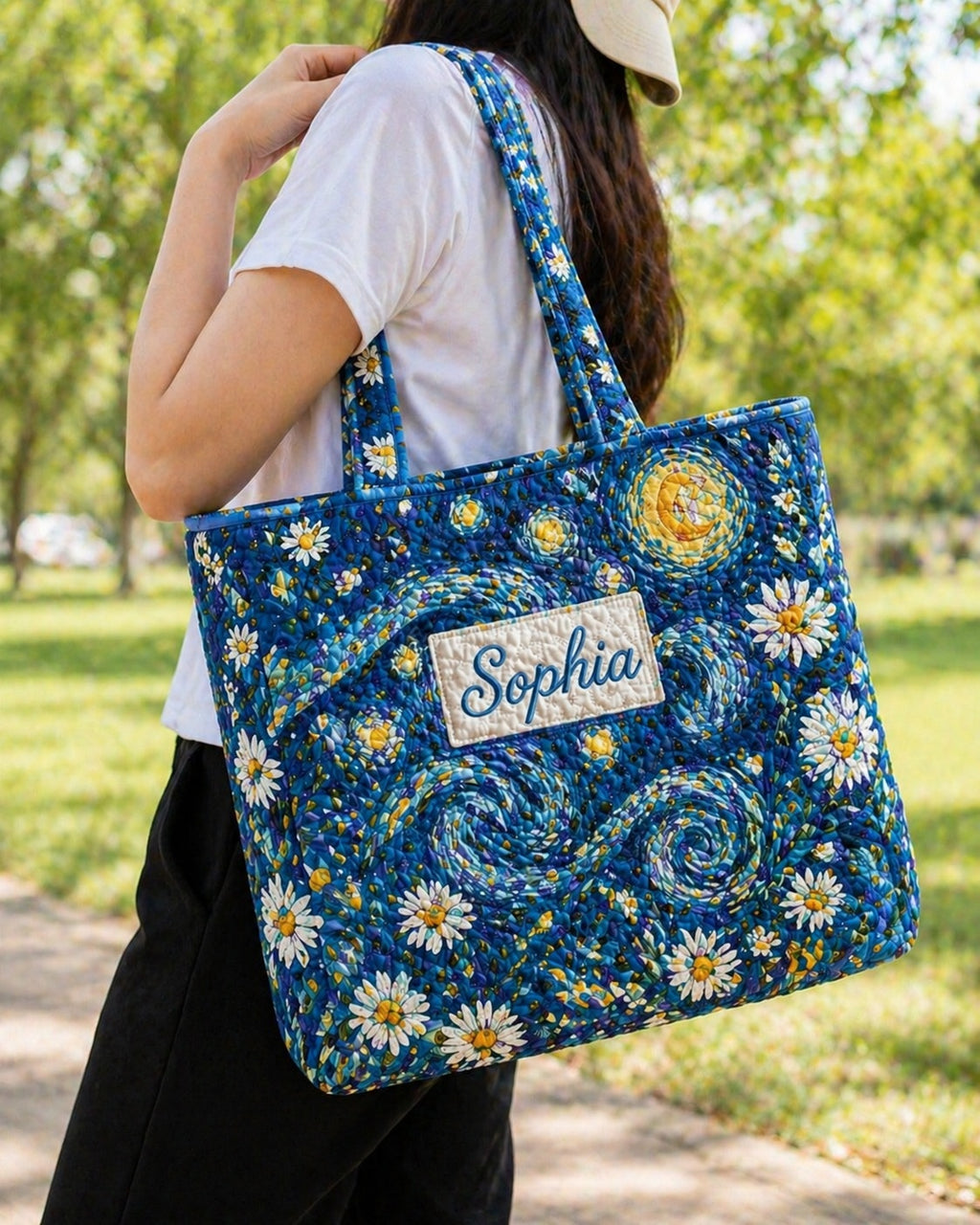 Starry Night Quilted Tote Bag, Starry Night Tote Bag, Quilted Shoulder Bag, Quilted Book Bag, Fabric Bag QTOTE73