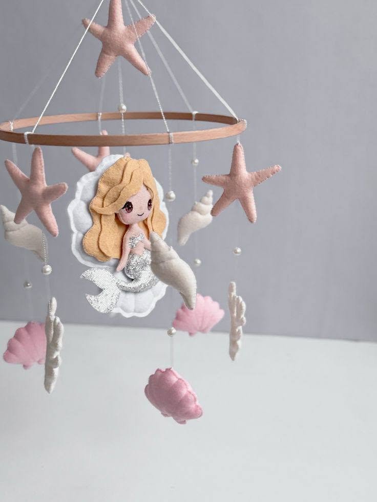 Felt Baby Mobile Mermaid Theme, Ocean Crib Mobile for Nursery, Handmade Seashell Starfish Hanging Decor, Baby Girl Room Gift BBMB30