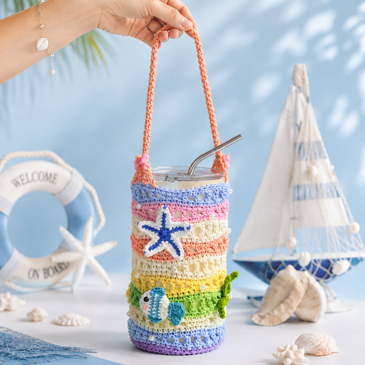 Crochet Tumbler Holder, Colorful Starfish Cup Carrier Bag, Handmade Ocean Crochet Water Bottle Sling, Beach Drink Holder, Summer Gift for Her Crochet17
