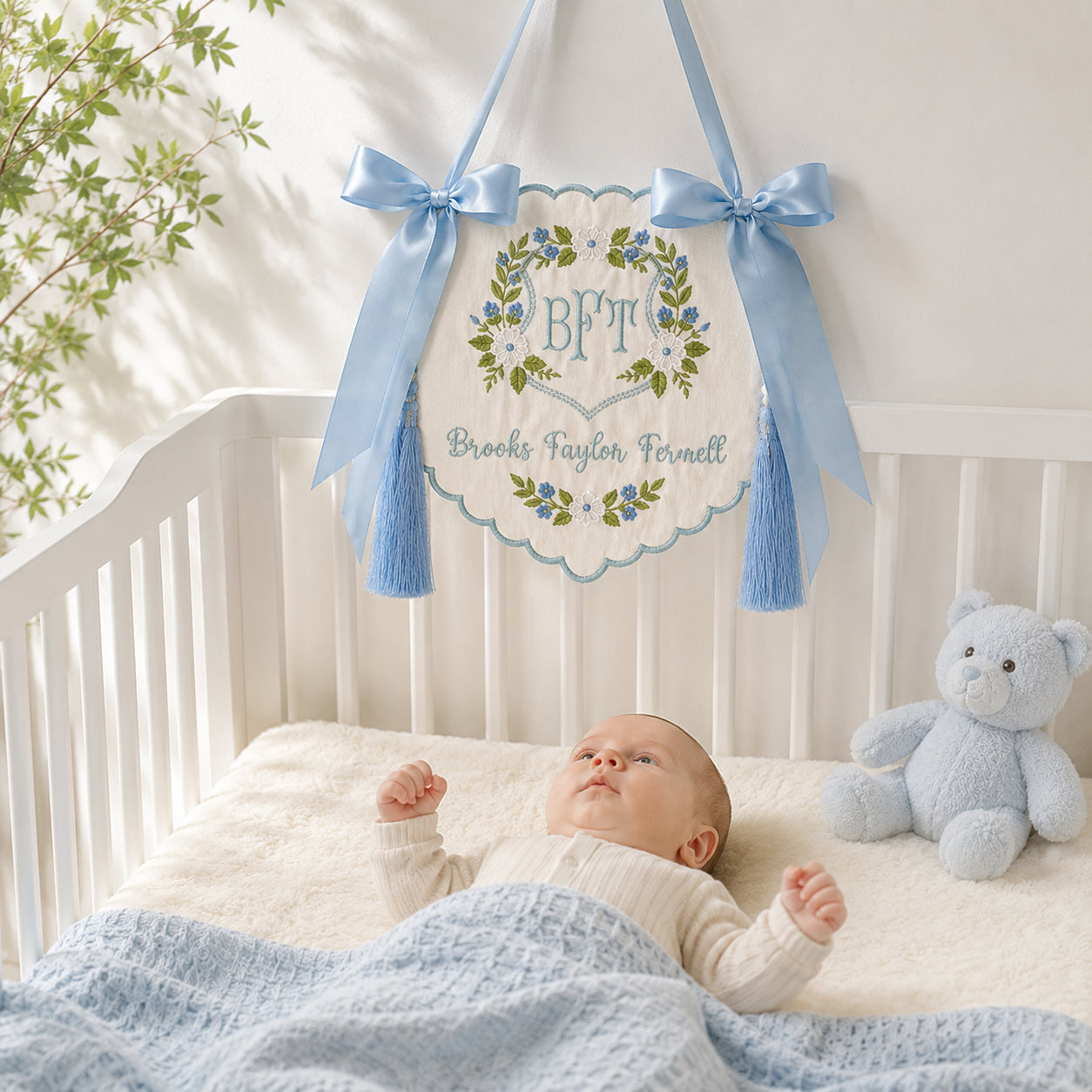 Personalized Embroidered Floral Baby Crib Banner, Custom Baby Name Nursery Banner with Birth Stats Tag, Newborn Hospital Announcement, Baby Shower Gift BBFLAG12