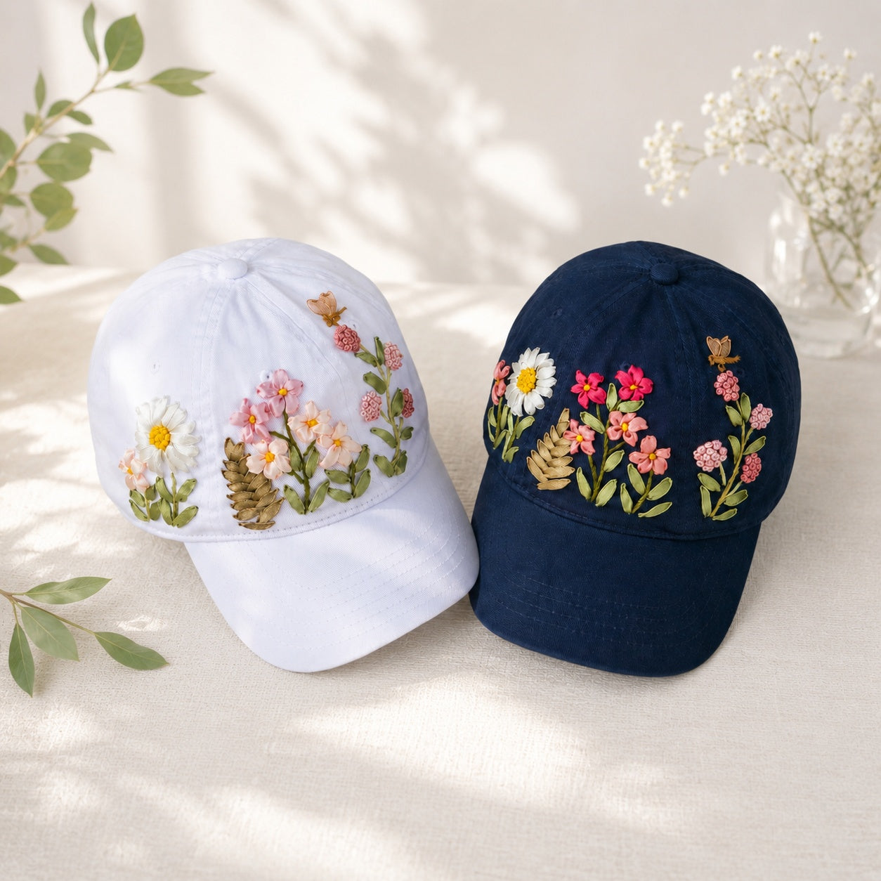 Custom Wildflower Hand-Embroidered Baseball Cap, Embroidered Cap, Hand Embroidered Cap, Custom Hat Embroidery, Family Hat EMSH12