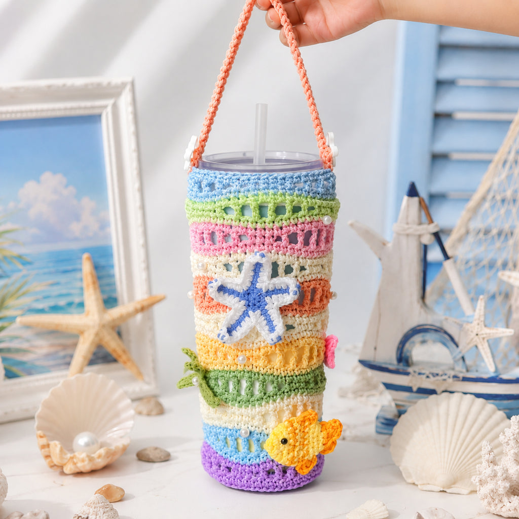 Crochet Tumbler Holder, Colorful Starfish Cup Carrier Bag, Handmade Ocean Crochet Water Bottle Sling, Beach Drink Holder, Summer Gift for Her Crochet17