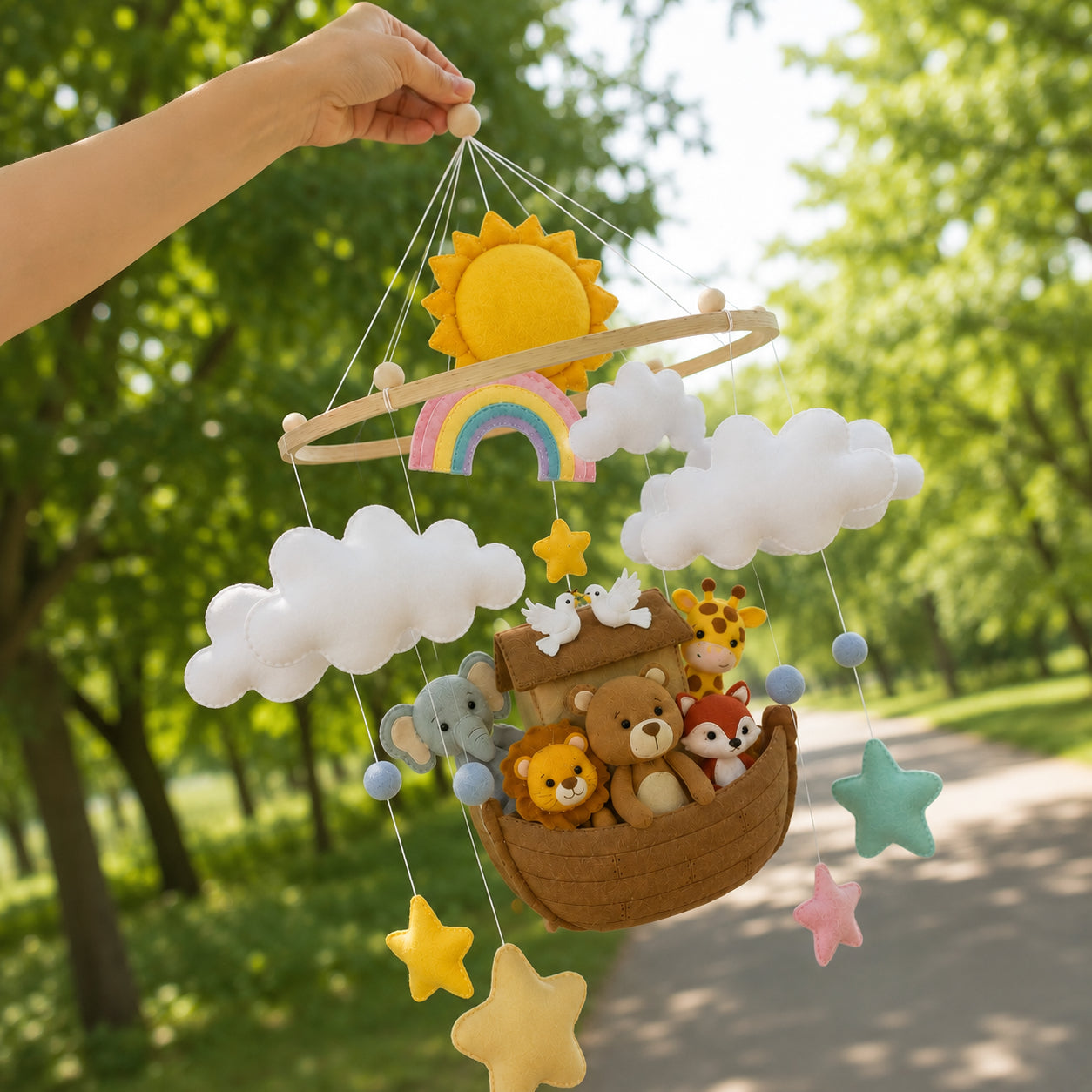 Personalized Noah’s Ark Felt Baby Mobile, Handmade Rainbow Nursery Crib Mobile, Safari Animals and Cloud Baby Room Decor BBMB13