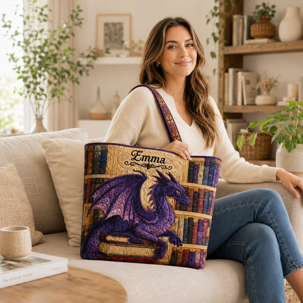Fantasy Dragon Quilted Tote Bag, Dragon Tote Bag, Quilted Shoulder Bag, Quilted Book Bag, Fabric Bag QTOTE64