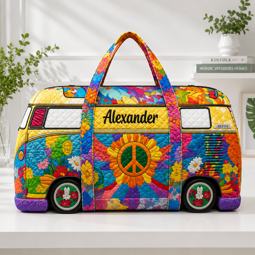 Hippie Van Quilted Duffle Bag, Quilted Camper Van Weekender Bag, Custom Camper Van Travel Bag, Family Trip Bag QTTVB11