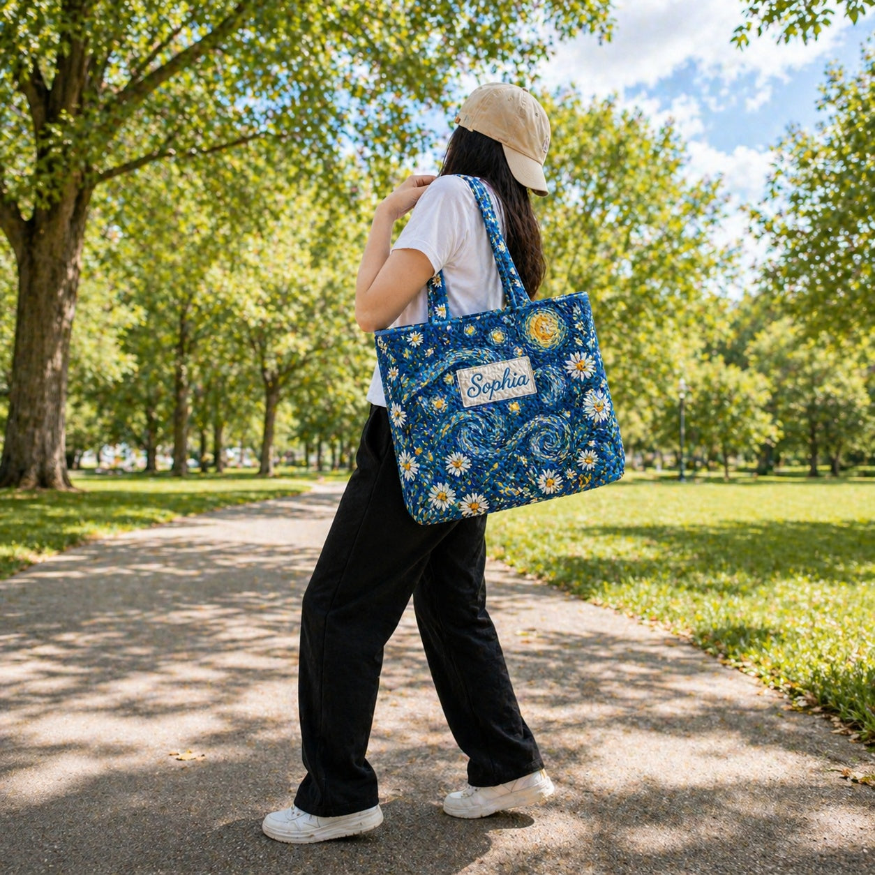 Starry Night Quilted Tote Bag, Starry Night Tote Bag, Quilted Shoulder Bag, Quilted Book Bag, Fabric Bag QTOTE73