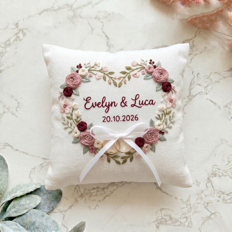 Personalized Embroidered Floral Wedding Ring Bearer Pillow, Custom Wedding Ring Pillow, Wedding Keepsake Gift WPILLOW12