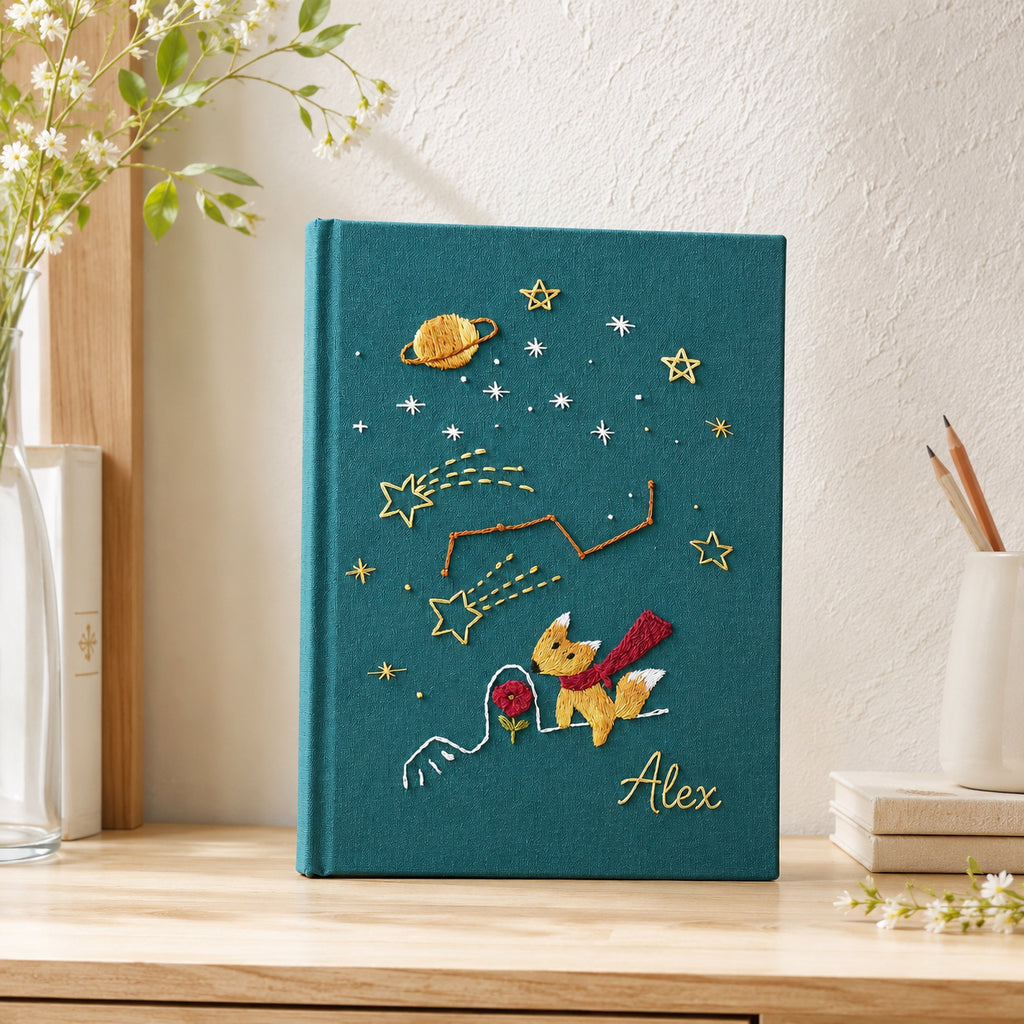 Hand Embroidered Fox Journal Notebook, Custom Journal Notebook, Personalized Galaxy Notebook With Name, Linen Fabric Hard Cover Notebook, Special Custom Handmade Gift and Keepsakes ENB08