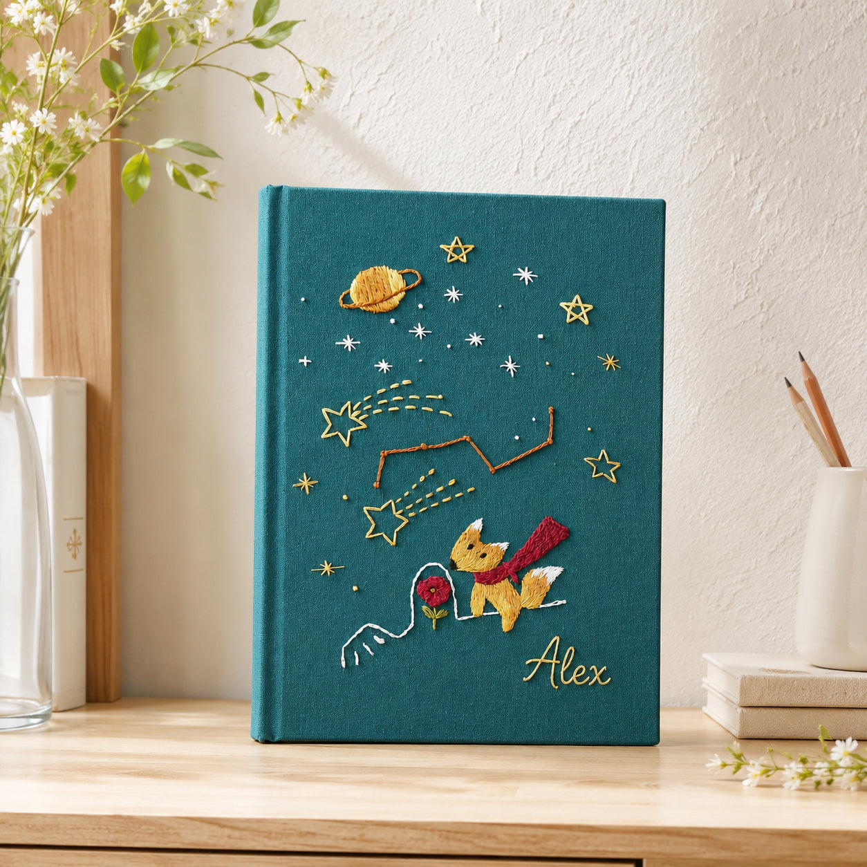 Hand Embroidered Fox Journal Notebook, Custom Journal Notebook, Personalized Galaxy Notebook With Name, Linen Fabric Hard Cover Notebook, Special Custom Handmade Gift and Keepsakes ENB08