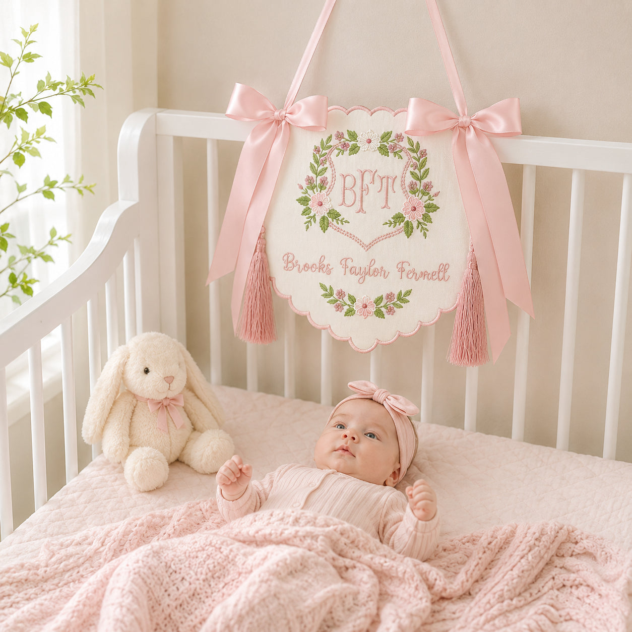 Personalized Embroidered Floral Baby Crib Banner, Custom Baby Name Nursery Banner with Birth Stats Tag, Newborn Hospital Announcement, Baby Shower Gift BBFLAG12