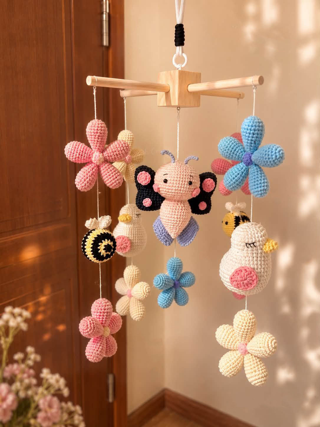 Butterfly Bee Flower Baby Crib Mobile, Handmade Crochet Garden Mobile, Floral Nursery Decor, Bird and Bee Baby Mobile, Baby Girl Gift CrochetBBM11