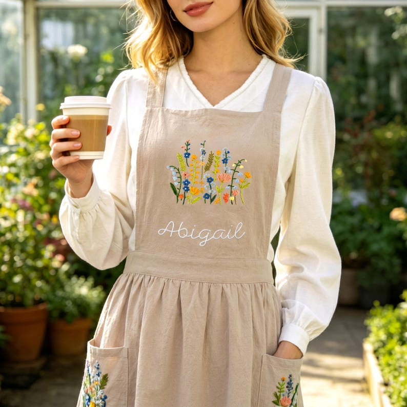 Personalized Flower Hand Embroidered Apron, Handmade Flowers Apron, Embroidered Apron, Linen Apron, Gardening Apron, Kitchen Apron, Mom Gift EMAP14