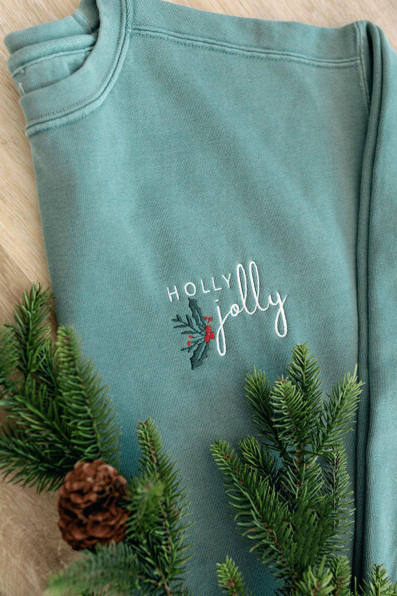 Holly Jolly Embroidered Christmas Shirt, Winter Sweatshirt, Minimalistic Shirt, Christmas Secret Santa Gift XMASS09