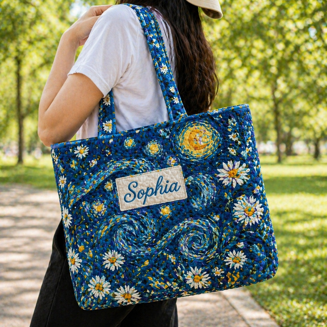 Starry Night Quilted Tote Bag, Starry Night Tote Bag, Quilted Shoulder Bag, Quilted Book Bag, Fabric Bag QTOTE73