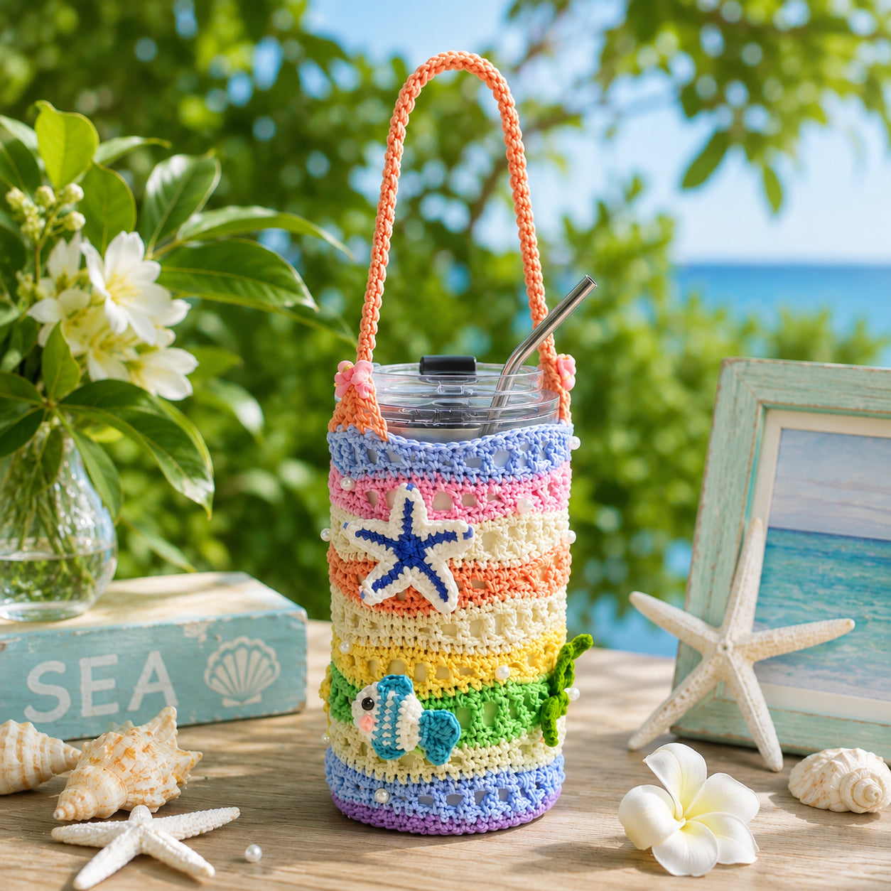 Crochet Tumbler Holder, Colorful Starfish Cup Carrier Bag, Handmade Ocean Crochet Water Bottle Sling, Beach Drink Holder, Summer Gift for Her Crochet17