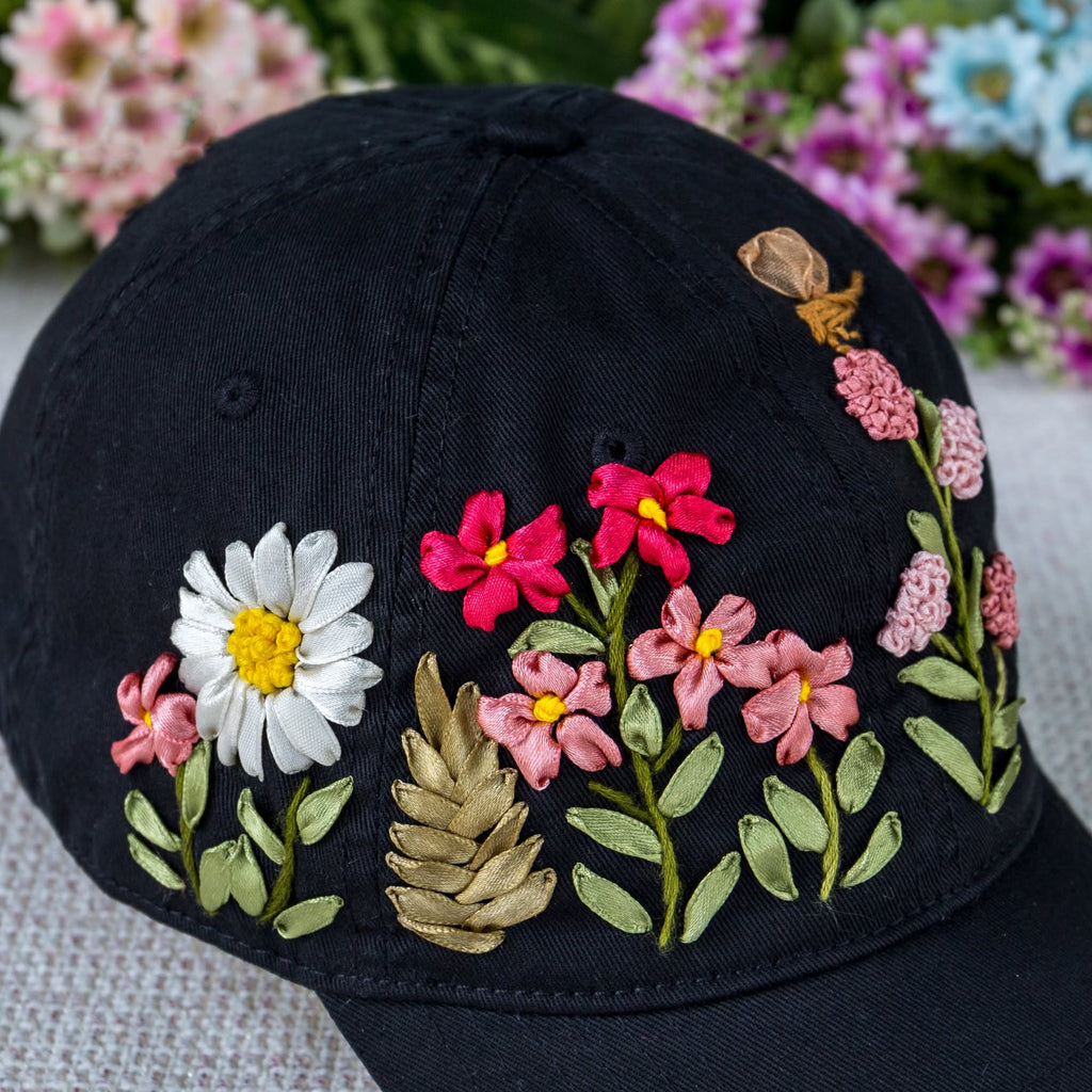 Custom Wildflower Hand-Embroidered Baseball Cap, Embroidered Cap, Hand Embroidered Cap, Custom Hat Embroidery, Family Hat EMSH12
