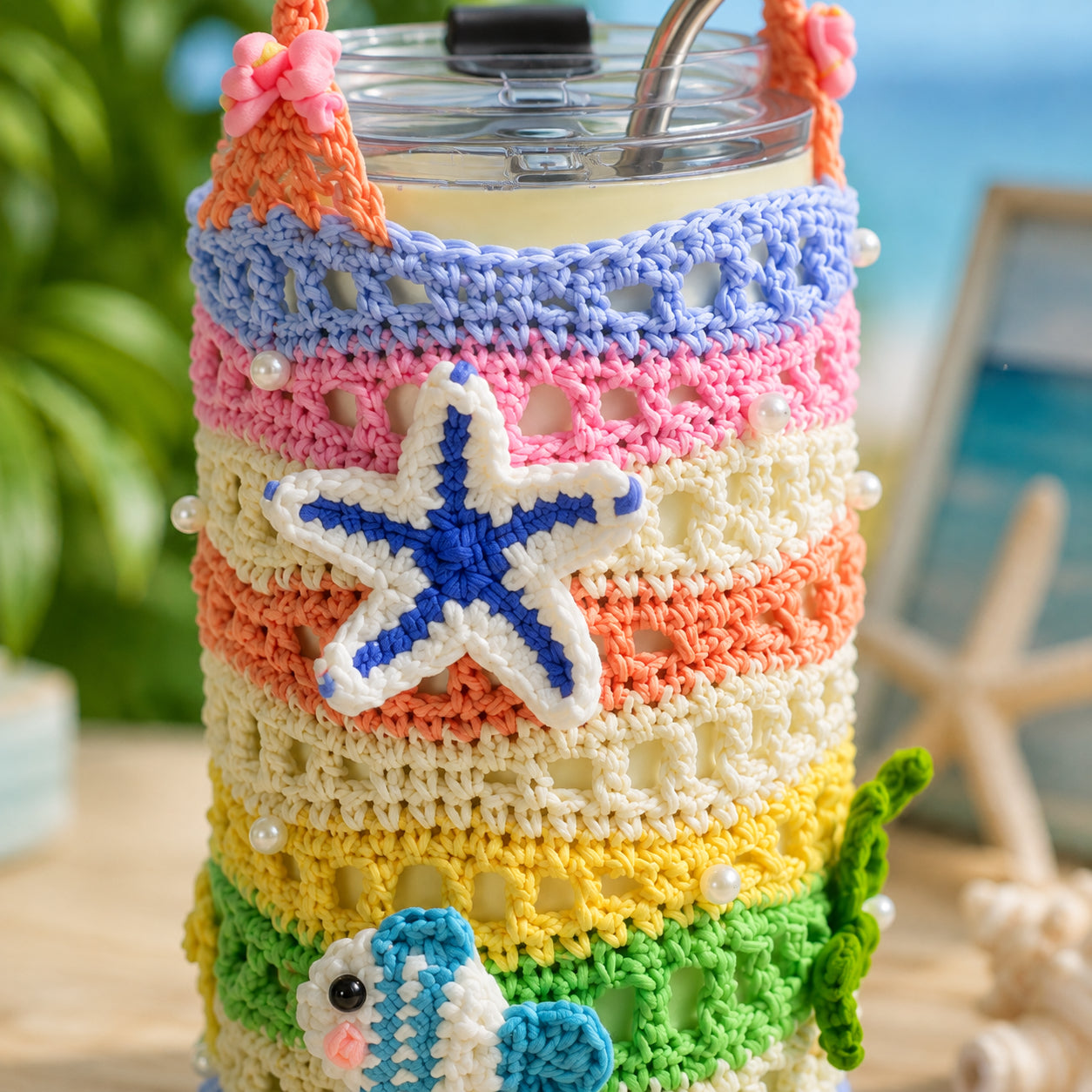 Crochet Tumbler Holder, Colorful Starfish Cup Carrier Bag, Handmade Ocean Crochet Water Bottle Sling, Beach Drink Holder, Summer Gift for Her Crochet17