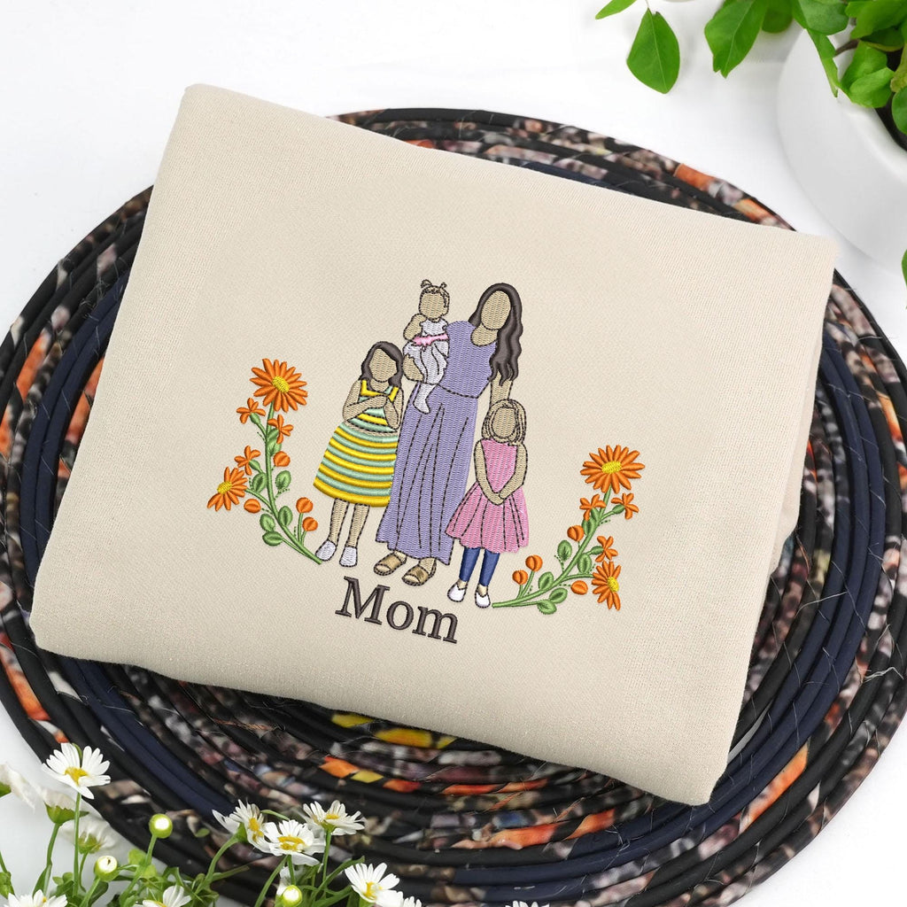 Mama Picture Embroidered Sweater, Custom Embroidered Floral Mama Sweatshirt with Kids Name, Mom Portrait Crewneck, Mama Christmas Gift