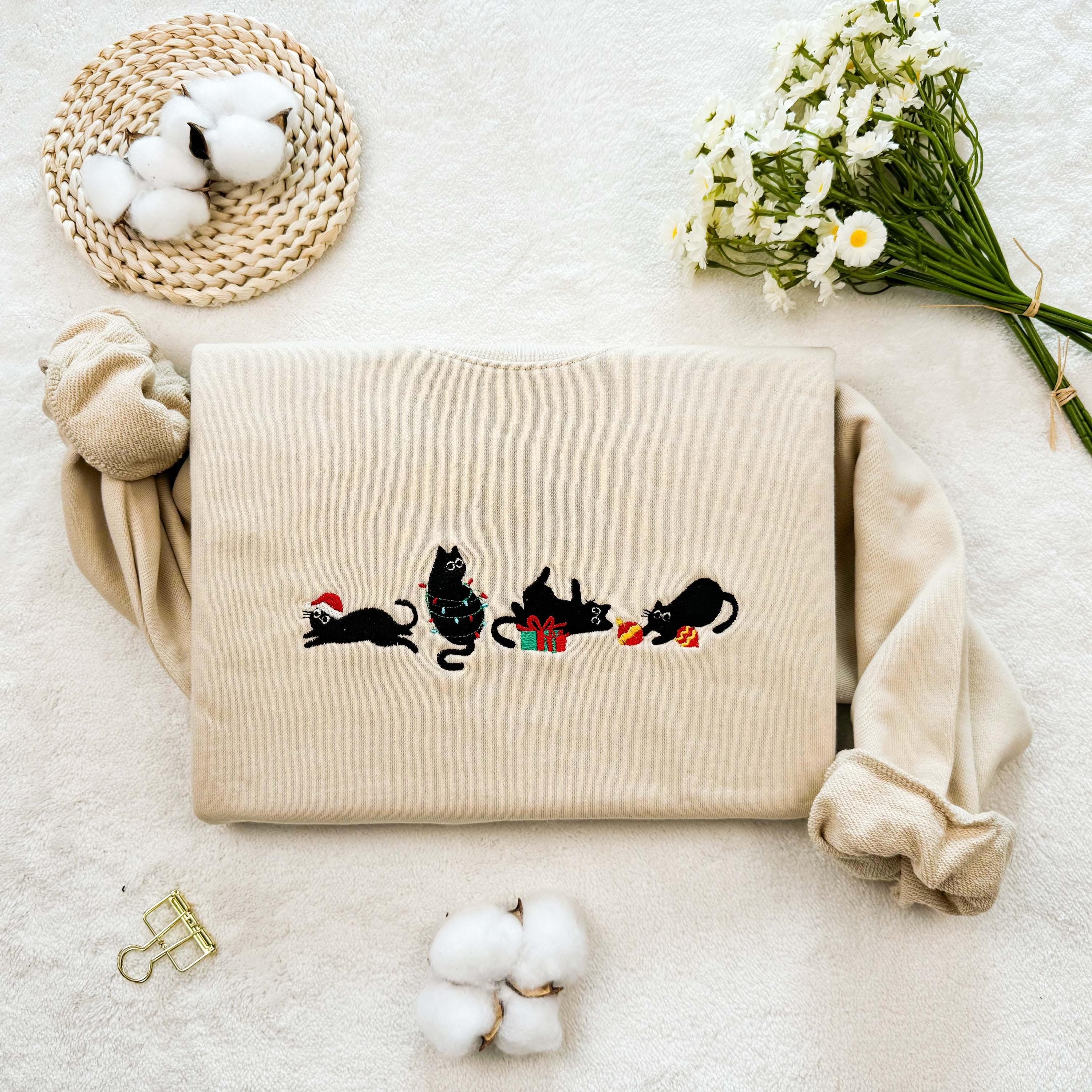 Christmas Cat Embroidered Sweatshirt, Cute Kitty Holiday Sweater, Cozy Winter Crewneck, Festive Gift for Cat Lovers, Xmas Outfit