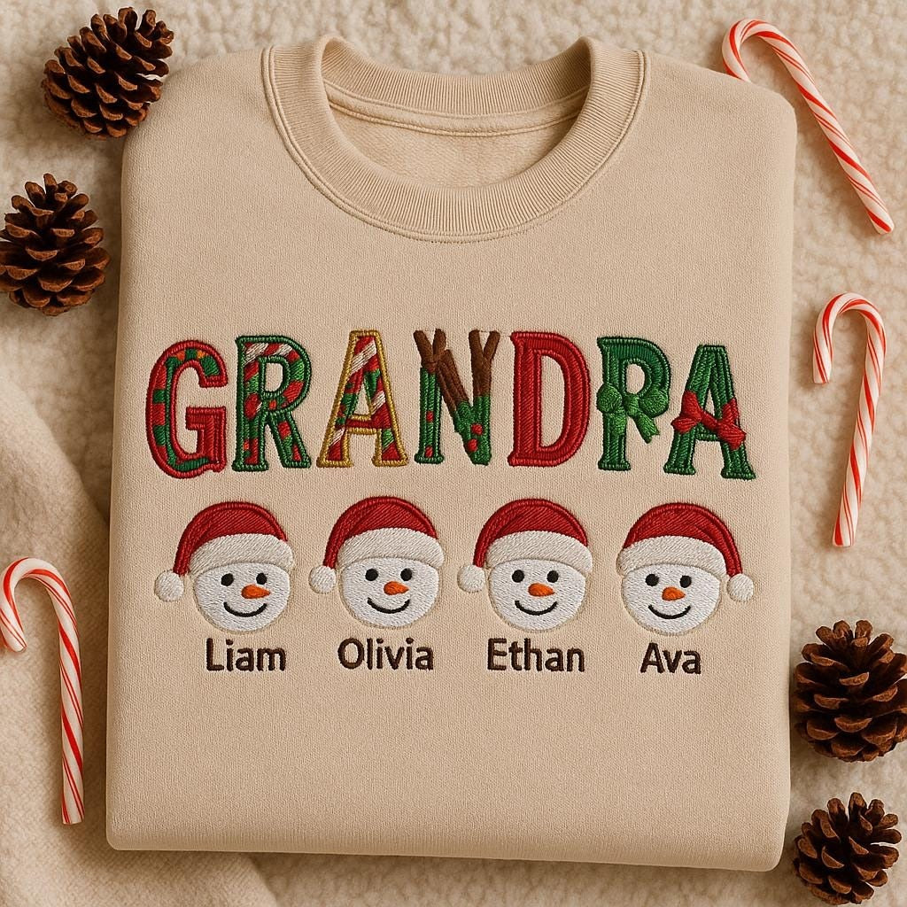 Embroidered Grandparent Sweatshirt, Custom Grandma Grandpa Snowman Shirt, Personalized Family Christmas Gift, Grandkids Name Crewneck