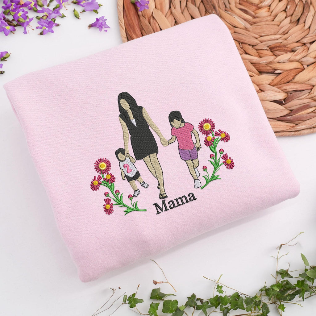 Mama Picture Embroidered Sweater, Custom Embroidered Floral Mama Sweatshirt with Kids Name, Mom Portrait Crewneck, Mama Christmas Gift